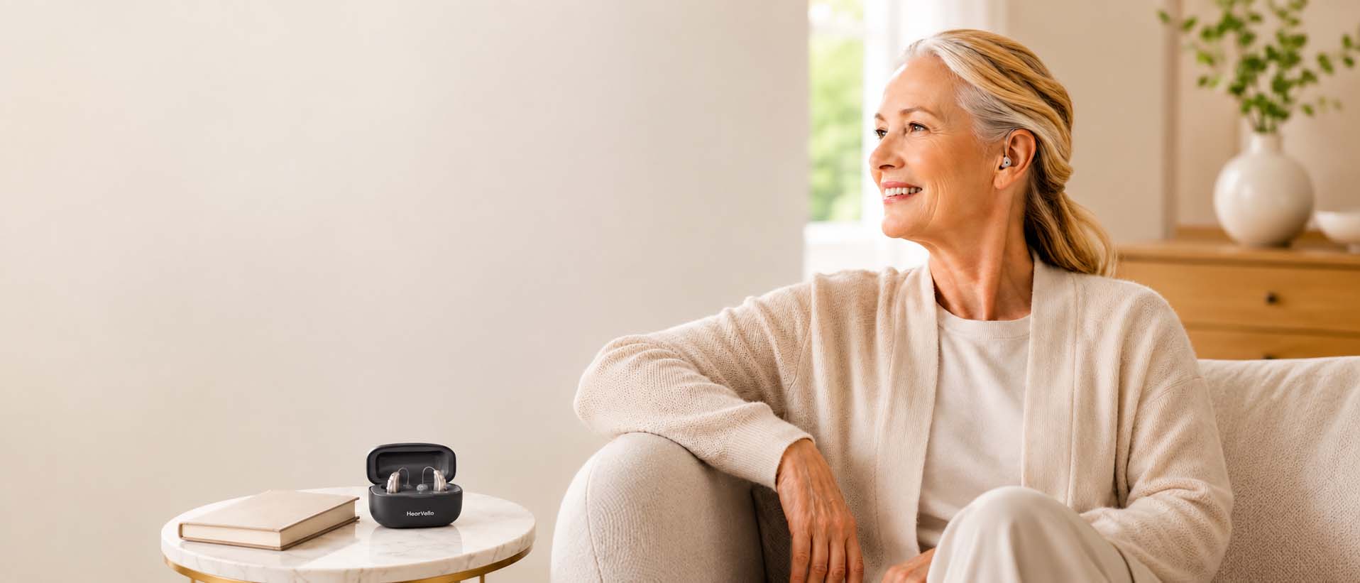 Woman enjoying clear everyday listening with Hearvello